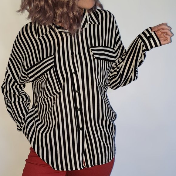 Black & white striped long sleeve button up, UK sz 16 (US sz 12) - Picture 1 of 9